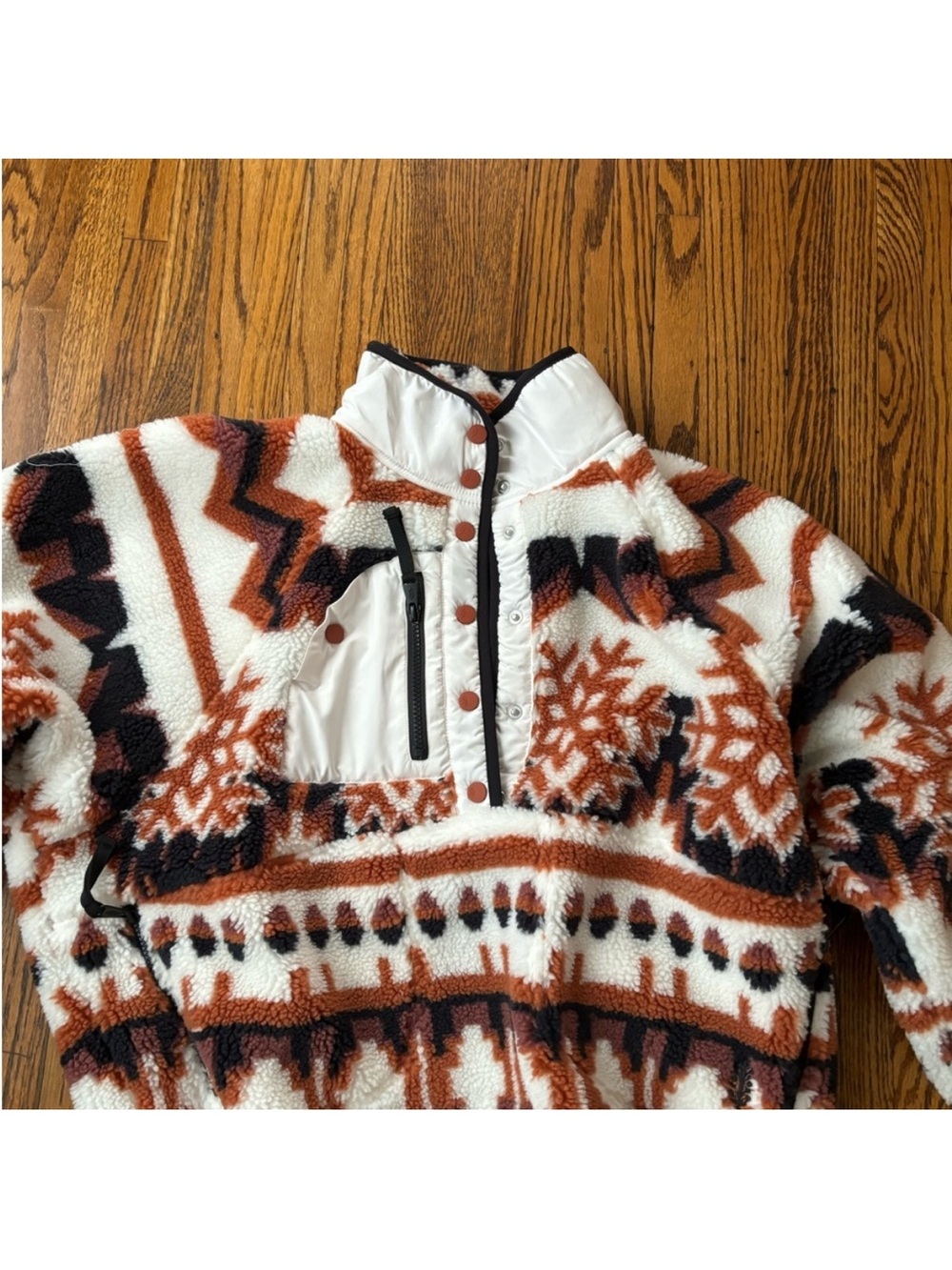 Cozy Aztec-Print Sherpa Pullover Sweater - Rust, Black & White